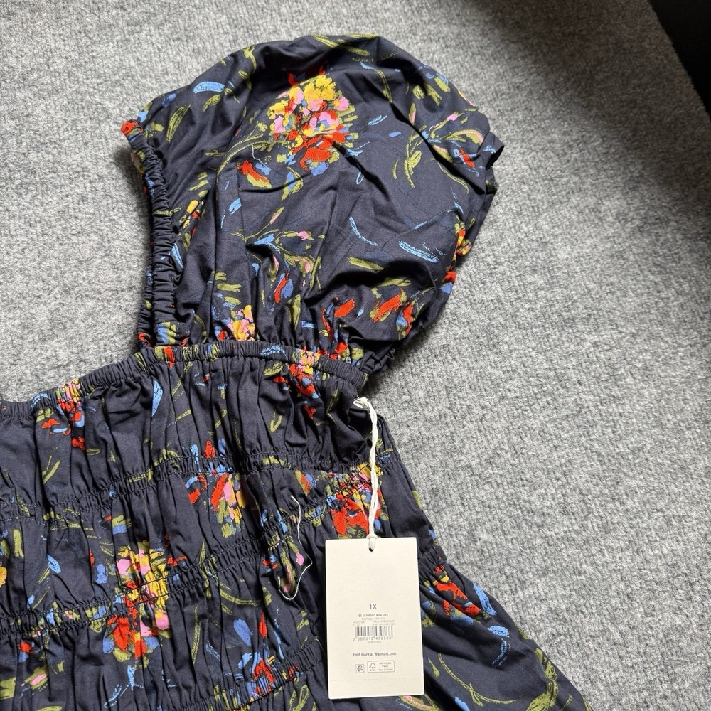 NWT Free Assembly Women's Smocked Cotton Puff Sleeve Mini Dress Navy Floral - Picture 6 of 15